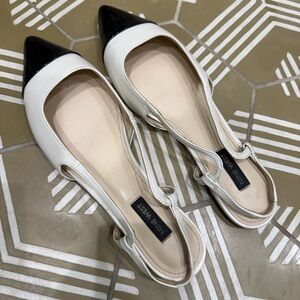 Nine West White and Black Pointed Slingback Flats